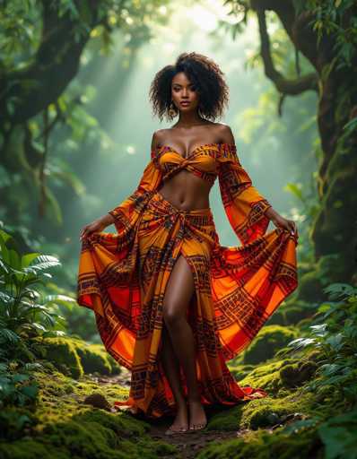 A captivating African woman, adorned in vibrant orange and black kente fabric, stands barefoot amidst a lush, mossy forest. Sunlight filters through the dense canopy, highlighting her sensual pose and flowing garment. The ultra-detailed realism and vibrant color grading create a dreamlike, artistic portrait emphasizing her poised elegance within the natural setting.