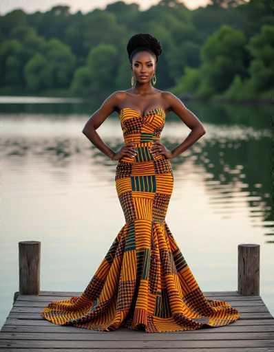 A stunning African woman, adorned in a vibrant kente gown, commands attention on a weathered wooden dock. Her confident pose is mirrored in the calm lake's reflection, bathed in a soft golden hour light. The shallow depth of field highlights her and the dress's intricate pattern, showcasing a hyperrealistic photographic style.