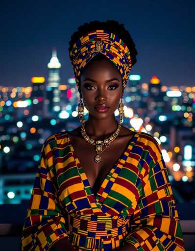 A stunning African woman, adorned in a vibrant kente dress and elaborate gold jewelry, commands attention on a rooftop overlooking a glittering, neon-lit city at night. The sharp focus highlights her intense gaze, while the blurred cityscape creates a cinematic depth. The image exudes high contrast and realism, emphasizing her regal presence against the urban backdrop.