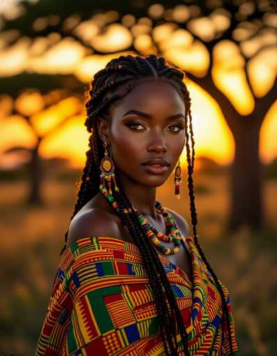 A captivating portrait showcases a seductive African woman in vibrant kente cloth, her gaze intense. Braided hair adorned with colorful beads frames a stunning face under a warm, golden African sunset. The woman is positioned amidst lush baobab trees in a savanna landscape, bathed in cinematic lighting with ultra-detailed realism.