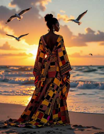A captivating African woman in a vibrant, patterned kente robe stands on a sun-kissed beach at sunset. Her silhouette is beautifully framed against the warm, golden hues of the sky and ocean, with seagulls gracefully flying overhead. The image exudes cinematic realism with rich textures, highlighting a moment of serene beauty and cultural elegance.