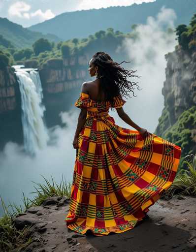 A radiant African woman in vibrant kente attire stands on a cliff overlooking a majestic waterfall, her dress billowing in the wind. The photorealistic image showcases a dramatic, high-dynamic range scene with soft mist and stunning lighting, emphasizing the woman's elegant posture against the breathtaking natural backdrop.
