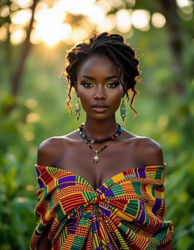 A captivating portrait showcases a stunning African woman in vibrant handwoven kente cloth, her gaze meeting the viewer with magnetic intensity. Set within a softly blurred, ethereal forest at dawn, the warm light reflects in her eyes, highlighting her graceful pose. The cinematic realism and vibrant greens create a powerful, intimate image.