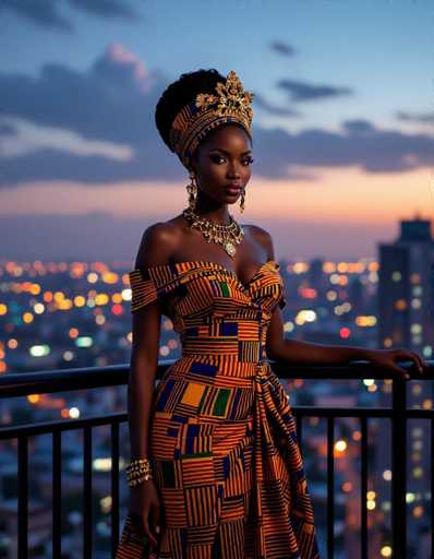 A regal African woman in a vibrant kente dress stands on a balcony, gazing intently at the city lights below. The ultra-detailed image showcases her elegant silhouette and ornate jewelry against a dusky urban backdrop, bathed in the warm glow of streetlights. The spatial relationship emphasizes her as a central figure within the cityscape's urban textures.