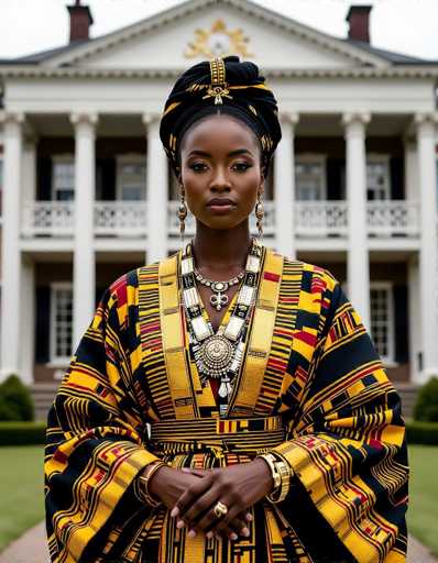 A regal African woman in vibrant kente robes commands attention, her serene gaze directed forward. Draped in a striking black and gold patterned outfit, she wears elaborate jewelry, standing before a grand colonial mansion. The high-contrast, cinematic lighting emphasizes her powerful presence against the stately backdrop.