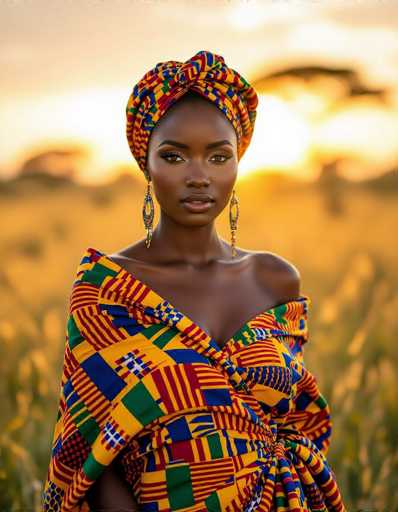 A captivating portrait showcases a stunning African woman in vibrant kente cloth, her confident gaze meeting the viewer's. Bathed in warm golden sunset light under a soft-focused savanna backdrop, she exudes mystique with her glowing eyes. The cinematic realism and shallow depth of field emphasize her presence, creating a visually striking image.