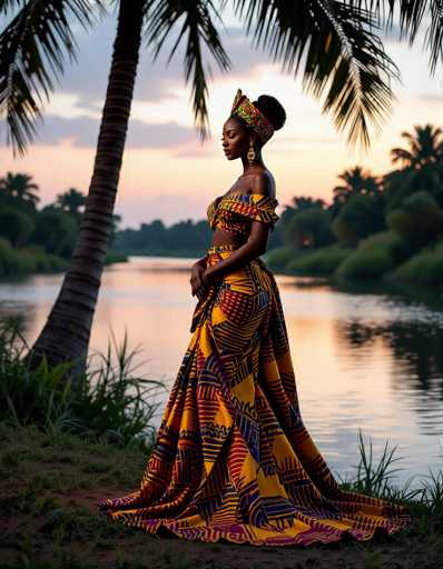 An elegant African woman, adorned in a vibrant kente dress and headwrap, gracefully stands by a tranquil riverbank at dusk. Her silhouette is beautifully framed by the soft bokeh of palm trees, her skin glowing with warm tones in this hyperrealistic portrait. The spatial relationship emphasizes a serene, culturally rich moment.