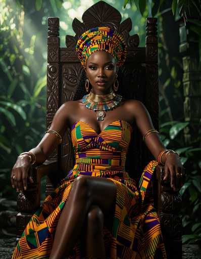 A captivating portrait showcases a stunning African woman in vibrant kente fabric, seated regally on an intricately carved throne within a lush jungle temple. The image employs dramatic lighting with deep shadows and soft highlights, emphasizing her magnetic gaze and the rich textures of her attire and jewelry. The spatial relationship places her as the central figure, commanding attention within the atmospheric setting.
