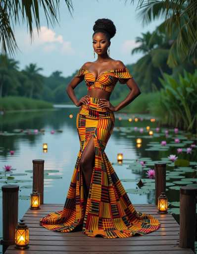 A stunning African woman in vibrant kente attire commands attention on a wooden dock over a serene lagoon. The hyperrealistic photograph showcases her confident pose, with floating lanterns and water lilies creating a magical, softly reflected ambiance. The composition emphasizes her magnetic presence within the tranquil setting.