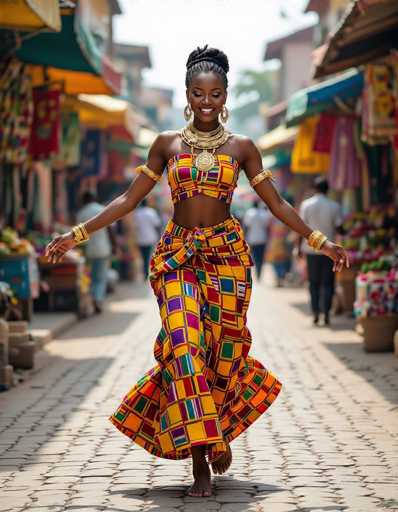 A radiant African woman, barefoot and smiling, dances in vibrant kente fabric on a sunlit cobblestone street in Accra. Her fluid movements are highlighted by the glinting gold jewelry, set against a backdrop of colorful market stalls. The image showcases rich textures and cinematic realism in 8K detail, capturing a moment of joyful cultural expression.