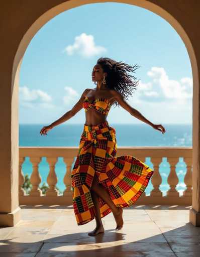 A vibrant, sultry African woman in bold kente attire dances barefoot on a sunlit stone terrace overlooking the ocean. Her flowing, dark hair is caught mid-motion, creating a dynamic frozen moment. The cinematic composition highlights the woman's graceful movement against the backdrop of the turquoise sea and clear sky, showcasing a blend of cultural elegance and natural beauty.