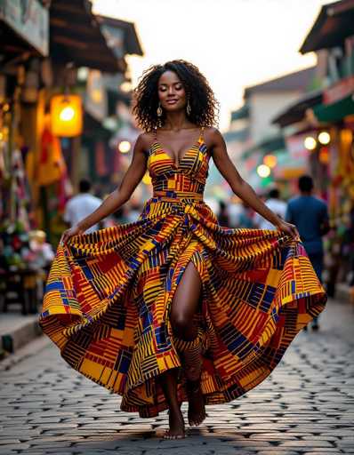 A radiant African woman, barefoot and adorned in a vibrant kente dress, dances with outstretched arms on a cobblestone street. The swirling fabric catches the golden hour light, highlighting the intricate patterns and her joyful expression. Blurred market stalls frame the scene, creating a sense of immersive realism with warm street lighting.