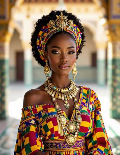 A radiant African queen, adorned in a vibrant kente dress and elaborate gold jewelry, graces a royal courtyard. The shallow depth of field highlights her serene expression and the golden light reflecting off her ornate pieces, emphasizing a rich, ultra-detailed realism within an opulent setting.