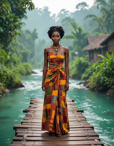 A powerful African woman in a vibrant kente dress stands centered on a rustic wooden bridge, facing the viewer. The crystal-clear river reflects the soft morning mist and lush jungle foliage surrounding her in a remote village. The ultra-realistic image showcases natural lighting and detailed textures, emphasizing the woman's confident presence in this serene setting.