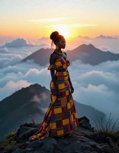 A captivating, hyperrealistic portrait showcases an African woman in a vibrant kente dress standing on a mountain peak at sunrise. She's silhouetted against a soft, ethereal glow of mist and clouds, her gaze radiating inner light. The spatial relationship emphasizes her solitary presence against the vast, atmospheric landscape.