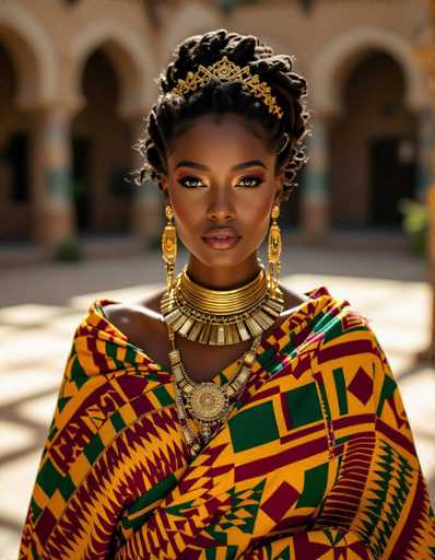 A stunning portrait captures an African queen in a sun-drenched courtyard, her face directly engaging the viewer with intense eyes. She's draped in vibrant kente fabric and adorned with elaborate gold jewelry, including a layered necklace and headpiece. Geometric shadows play on the warm-toned background, emphasizing her regal presence in a captivating, high-contrast shot.