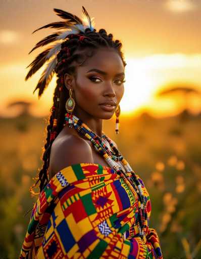 A captivating portrait showcases a stunning African woman in vibrant kente cloth, her gaze direct and alluring. Adorned with beaded jewelry and feather accents, she stands confidently in a lush savanna under a golden sunset. The shallow depth of field emphasizes her and the warm, dreamlike atmosphere.