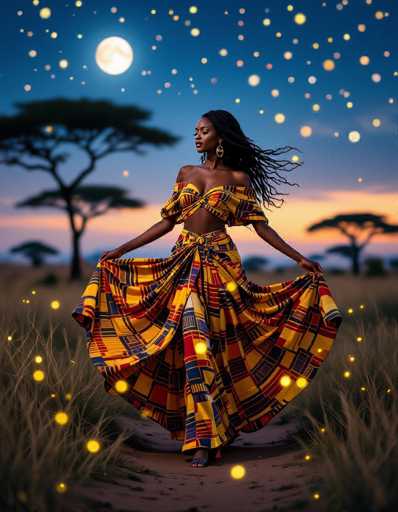 A stunning African woman in a vibrant, flowing kente dress dances under a luminous full moon in a serene savanna. The ultra-realistic photograph showcases her graceful movement, with fireflies adding magical bokeh to the soft, dreamlike scene of distant acacia trees against a twilight sky.