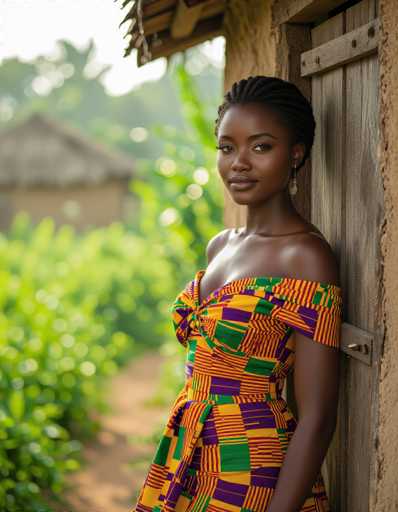 A beautiful African woman in a vibrant kente dress leans against a weathered wooden door in a traditional Ghanaian village. The image showcases her radiant skin, glistening with dew, against a backdrop of lush green foliage and dappled sunlight. The spatial relationship places her as the central focus, framed by the rustic door, creating a warm and intimate portrait. The art style is evocative, emphasizing natural light and texture.