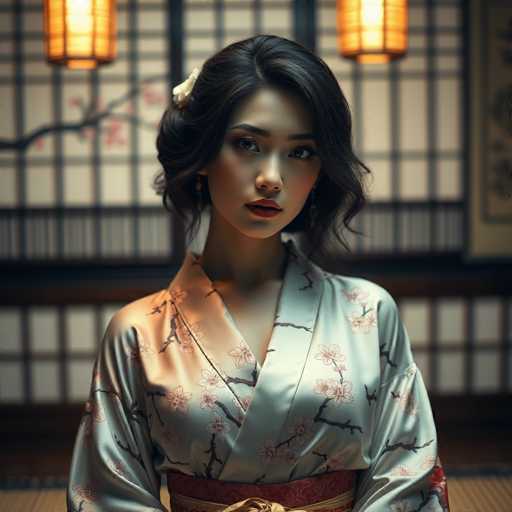 A young woman with dark hair is the central figure in this image. She's wearing a traditional Japanese kimono that features a floral pattern and a red sash around her waist. The kimono is white with pink accents, giving it an elegant appearance. The woman has her hair styled in an updo, adding to her poised demeanor. In front of her are two lanterns hanging from the ceiling, casting a warm glow on the scene.