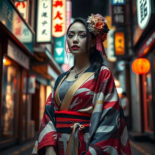 A strikingly beautiful woman, dressed in a modern kimono with bold, abstract designs and vibrant colors, stands confidently in a neon-lit Tokyo street. The sharp focus highlights her captivating gaze, while the high-contrast lighting and avant-garde style create a cinematic, hyper-realistic portrait. The spatial relationship places her as the central subject within the bustling urban environment.