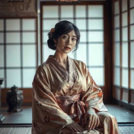 A serene, high-fashion portrait of a beautiful courtesan in a luxurious silk kimono graces the frame. She sits gracefully in a tranquil tea house, bathed in soft light, with minimalist decor and sliding paper doors creating a cinematic atmosphere. The focus is sharp on her enigmatic beauty, highlighting the delicate floral patterns and obi sash in this hyper-realistic image.
