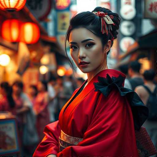 The image shows a young woman wearing traditional Japanese clothing and a red headband with a black bow on her hair. She is standing against the backdrop of a busy street lined with lanterns that cast a warm glow over the scene. The perspective of the photo is from behind the woman, looking towards her.