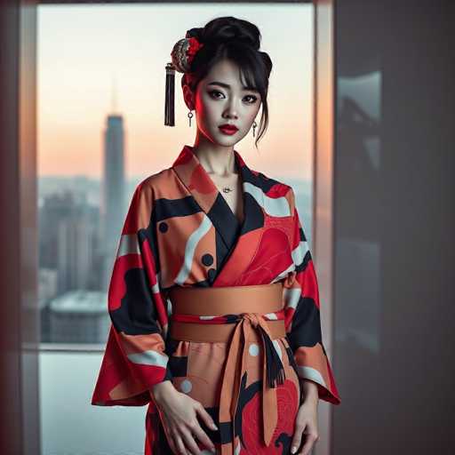A strikingly beautiful woman with porcelain skin, adorned in a modern kimono featuring bold abstract patterns, stands gracefully in a minimalist room. The vibrant garment contrasts with the cool, high-contrast lighting and city skyline view visible through a large window. The hyper-realistic image exudes urban sophistication, showcasing a cinematic portrait with sharp focus and fashionable elegance.