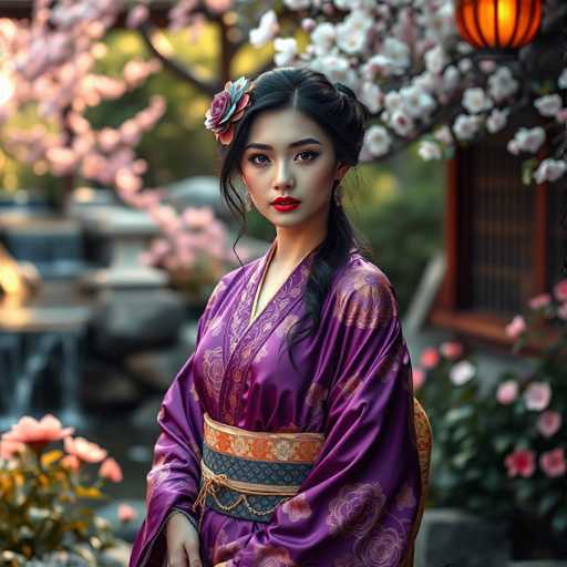 A captivating courtesan in a stunning purple kimono with golden accents stands gracefully in a serene Japanese garden. Soft, warm light bathes the scene, highlighting her elegant pose and intricate details. Lush blooming flowers and a gentle waterfall create a cinematic backdrop, showcasing hyper-realistic natural beauty with sharp focus.