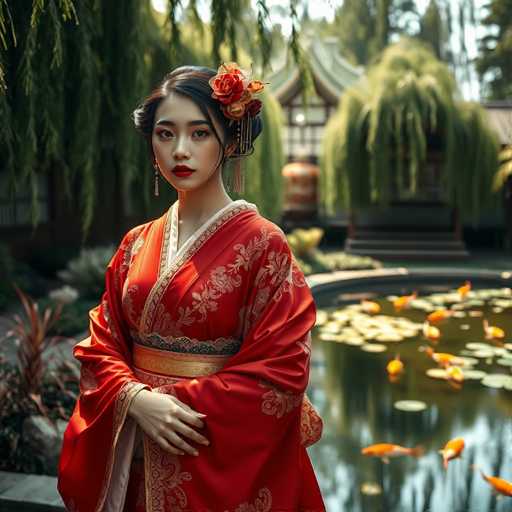 A captivating geisha-inspired figure graces a serene Japanese garden, clad in a vibrant red kimono with golden details. The model's elegant pose and the soft lighting create a cinematic, hyper-realistic image with sharp focus. Koi fish glide in the tranquil pond, framed by weeping willows, showcasing a beautiful cultural fusion.