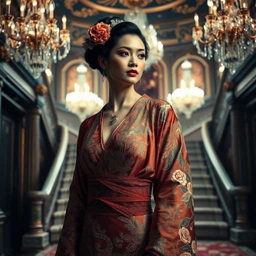 A stunning courtesan, adorned in a breathtakingly detailed kimono with hand-painted floral designs and delicate beaded lace, stands gracefully in an opulent palace. The hyper-realistic image showcases a sophisticated, cinematic scene with grand, sweeping staircases and crystal chandeliers bathed in luxurious lighting.