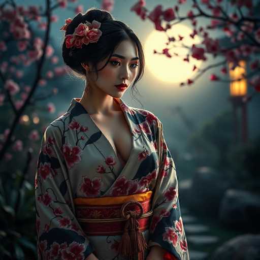 A captivating courtesan, adorned in a richly detailed silk kimono with cherry blossoms and golden accents, stands gracefully in a serene Japanese garden bathed in soft moonlight. The ethereal lighting highlights her elegant pose and the intricate textures of the fabric, creating a cinematic, hyper-realistic portrait.