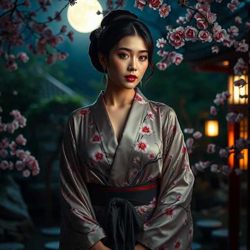 A woman is standing in front of a cherry blossom tree with pink flowers and a full moon behind her. She is wearing a traditional Japanese kimono that has red and white floral patterns on the sleeves and a black sash tied around her waist. The background features a lantern, possibly a temple or shrine, which adds to the cultural ambiance of the scene.