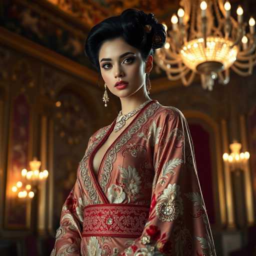 A stunning courtesan commands attention in a lavish, baroque-inspired ballroom. Dressed in an exquisite, hand-beaded kimono with floral accents and crystal details, she exudes elegance. The opulent setting is bathed in grand lighting, creating a hyper-realistic, fairytale-like atmosphere with sharp focus.