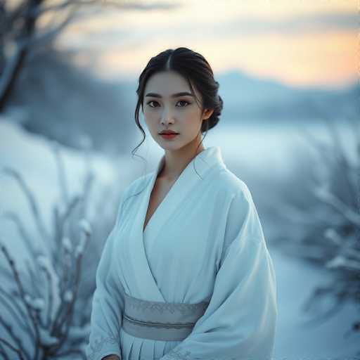 A serene, hyper-realistic portrait of a beautiful courtesan in a classic white kimono with silver accents graces a snow-covered landscape at dawn. The soft, ethereal lighting highlights her elegant pose and subtle high neckline, creating a peaceful, cinematic winter wonderland. The focus is sharp on the woman, while the background gently blurs, emphasizing her serene presence.