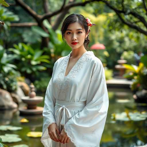 A young woman is standing in a garden surrounded by lush greenery and water features. She is wearing a white kimono with a floral pattern on the sleeves and a red headband adorned with flowers. The garden has various plants and trees, including a pond filled with lily pads.