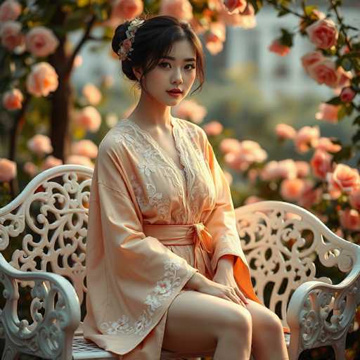 A young woman is seated on a white bench with an ornate design and wearing a peach-colored kimono with a floral pattern. The background features pink roses blooming against a blurred cityscape backdrop.