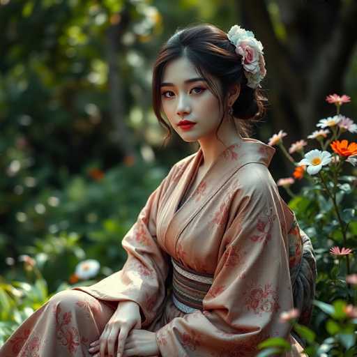 A captivating portrait showcases a beautiful woman in an antique kimono, her refined features highlighted by soft lighting. She sits amidst lush greenery and vibrant flowers, creating a serene, cinematic atmosphere. The hyper-realistic image emphasizes timeless elegance with sharp focus on the subject's delicate details and the intricate floral patterns of her attire.