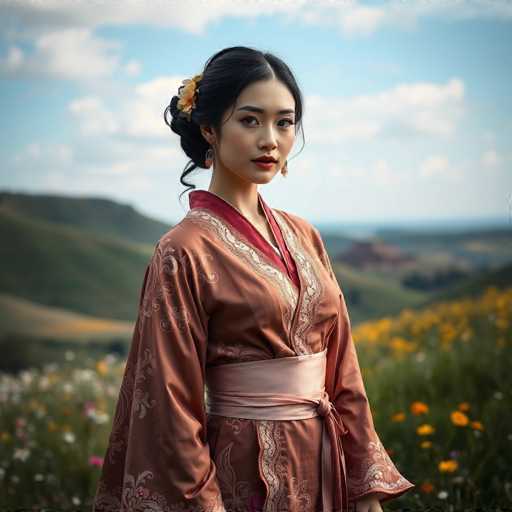 A stunning, vintage-inspired courtesan graces a serene rural landscape in this hyper-realistic image. Dressed in an elegant, embroidered kimono with delicate lace trim, she stands amidst rolling hills and blooming wildflowers under soft, natural light. The cinematic composition emphasizes a pastoral atmosphere with sharp focus on the subject.
