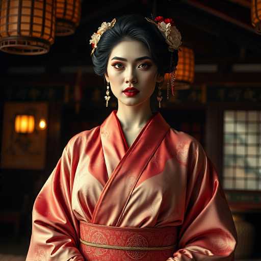 A young woman wearing an orange kimono with gold accents and a red headband stands in front of a wooden wall adorned with lanterns, suggesting she is in a traditional Japanese setting or cultural event.