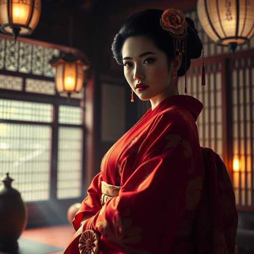 A young woman wearing a traditional Japanese kimono stands in front of a window with a wooden frame and lanterns hanging from it. The room is dimly lit, creating an atmosphere of mystery and elegance.