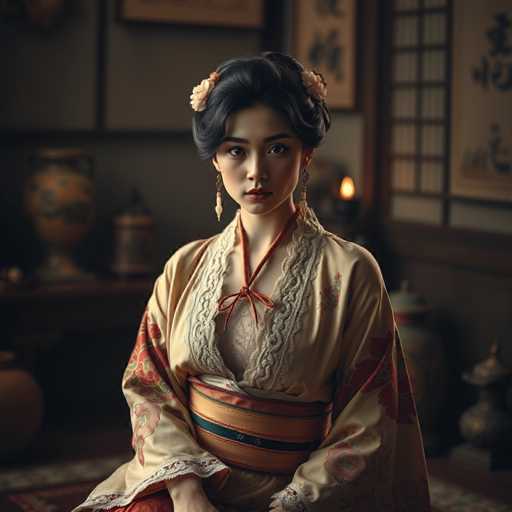 A serene, hyper-realistic portrait of a beautiful Japanese courtesan in an antique kimono dominates the frame. The dimly lit room, filled with traditional artifacts, creates a cinematic atmosphere. Her intricate kimono, adorned with hand-painted designs and delicate lace, is the focal point, highlighting a vintage elegance. The soft lighting draws attention to her introspective gaze.