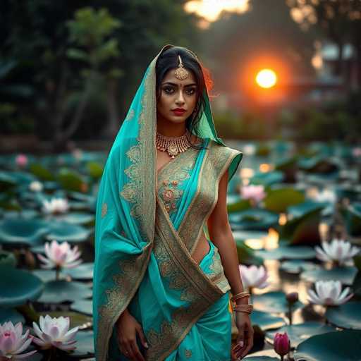 A captivating, hyper-realistic portrait of an enigmatic Indian courtesan graces a serene lotus pond at sunrise. Draped in a vibrant turquoise saree with intricate gold embroidery, she exudes spiritual beauty. The soft, warm light highlights her sharp features and the mystical scene, creating a high-fashion, ethereal image.