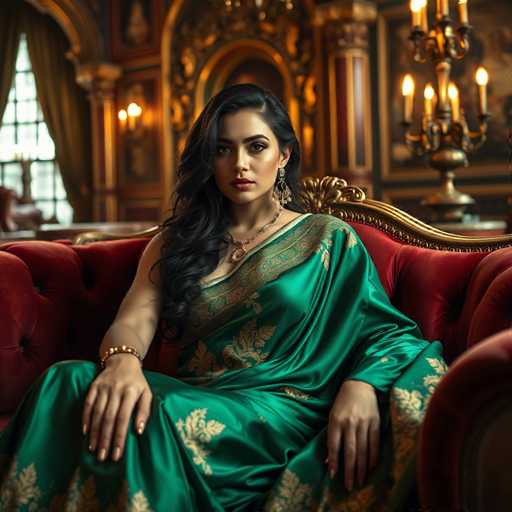 A woman is seated on a red velvet couch with gold trim and a gold-colored chandelier hanging above her head. She is wearing a green saree adorned with gold embroidery and has dark hair styled in loose curls. The background features an ornate room with a large window, allowing natural light to illuminate the space.
