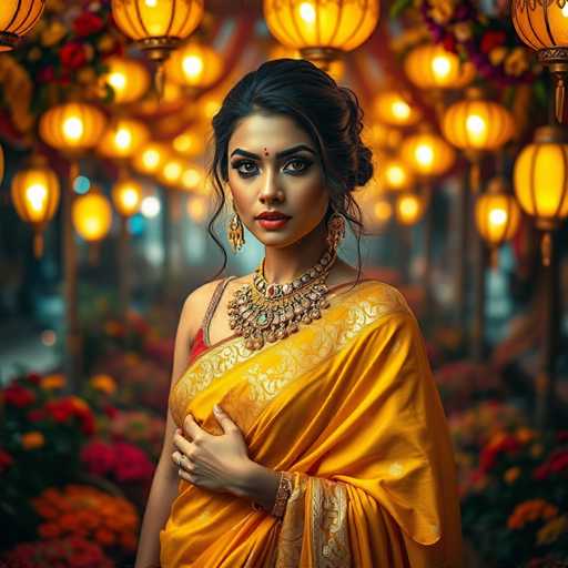 A woman is standing against a backdrop of yellow lanterns and flowers, wearing a vibrant yellow saree with gold accents and a red sash around her waist. She has dark hair styled in an elegant updo and is wearing gold jewelry that complements the golden color of her saree.