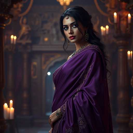 A captivating courtesan, draped in a rich purple saree adorned with glittering gemstones, stands within an opulent Indian temple at night. The soft, mystical lighting highlights her elegant pose and the intricate details of her attire, creating a sensual, high-fashion image with an exotic mystique. The spatial relationship places her as the central focus within the dimly lit, ornate setting.