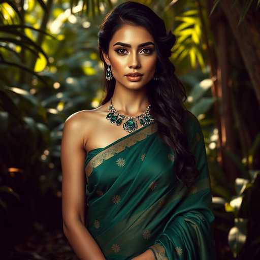 A woman is standing against a backdrop of lush green foliage and trees. She is wearing a traditional Indian saree that is predominantly green with gold accents. The saree has a high neckline and long sleeves, giving it an elegant and sophisticated look. The woman's hair is styled in loose waves, adding to her overall grace and poise. She is looking directly at the camera, engaging the viewer with her gaze.