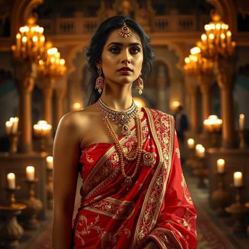 A woman is standing in front of a grand room with ornate columns and chandeliers. She is wearing a red saree adorned with gold embroidery and a gold necklace that features a large pendant. The background is dark, creating a dramatic effect against the bright lights from the chandeliers.