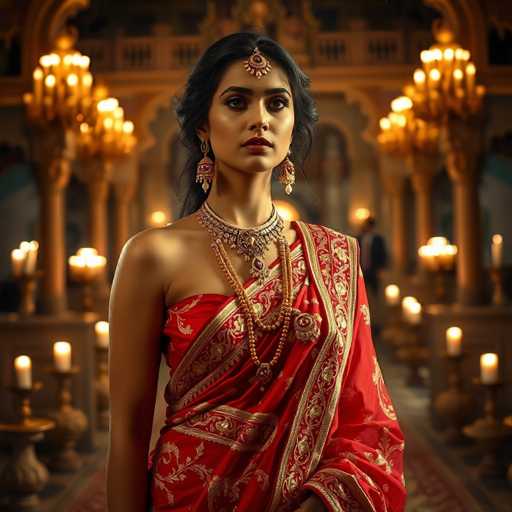 A captivating Indian courtesan, draped in a rich red and gold saree, commands attention. Adorned with opulent jewels and pearls, she stands in a lavishly lit palace setting of Rajasthan. The soft, warm lighting creates an exotic and cinematic atmosphere with a hyper-realistic, opulent fashion style.