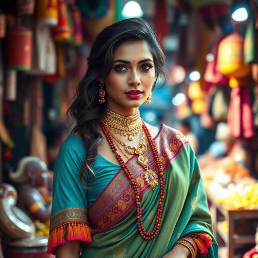 A young woman wearing traditional Indian attire stands confidently against a vibrant market backdrop. She wears a green saree with gold accents and a red necklace that complements her outfit. The woman's face is lit up with a warm smile as she gazes directly into the camera.